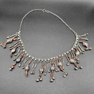 Bohemian Bell Necklace Indian Silver Tone Red Accent Beads 2010 Festival Style
